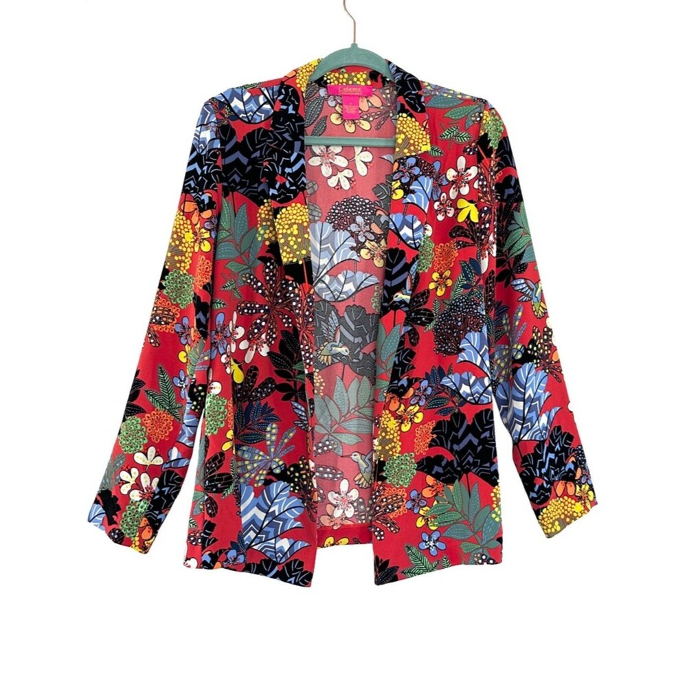 Catherine Malandrino Red Knit Open Jacket Colorful Floral Hummingbird Print Sm